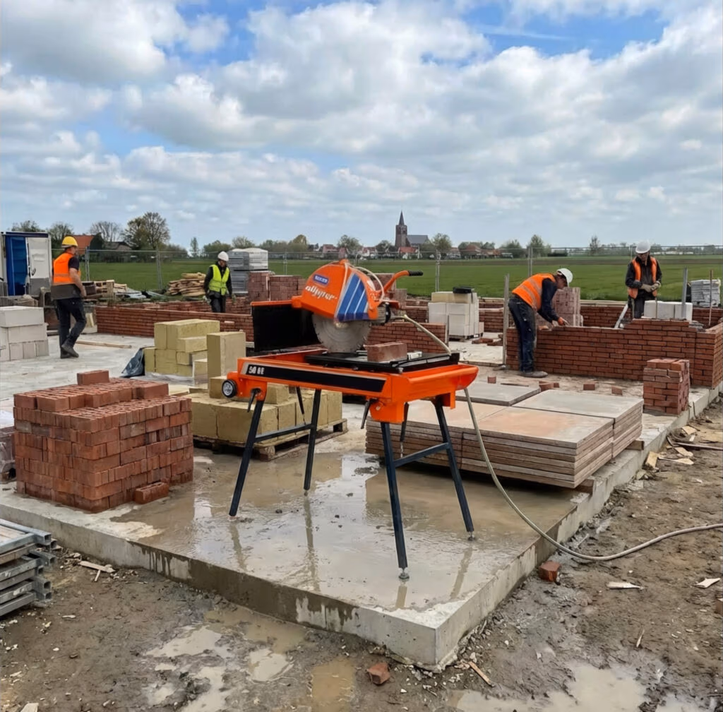 Vier bouwvakkers in oranje vesten metselen bakstenen muren op een natte betonnen fundering. Op de voorgrond staat een steenzagmachine met speciale zaagbladen. De bouwplaats bevindt zich in de open lucht, met gras en gebouwen op de achtergrond.