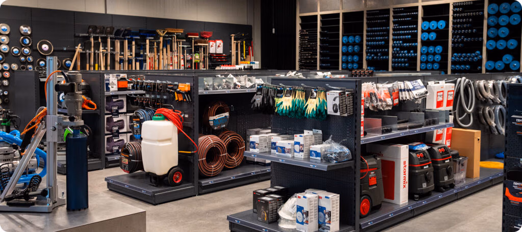 Het interieur van een bouwmarkt met schappen waarop slangen, handschoenen, stofzuigers, schoonmaakartikelen en gereedschap liggen uitgestald. Aan rekken aan de muren hangen bezems, borstels, zaagbladen en andere benodigdheden. De winkel is helder verlicht en overzichtelijk ingericht.