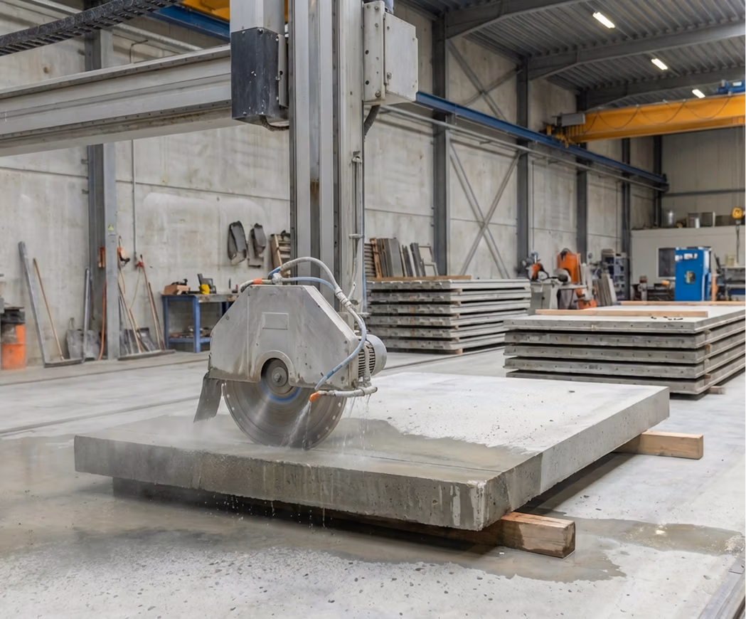 Een grote industriële zaagmachine, uitgerust met hoogwaardige Thomaboor-zaagbladen, zaagt een dikke betonplaat door in een ruime fabrieksomgeving. Op de achtergrond zijn stapels prefabbetonpanelen en diverse gereedschappen te zien.