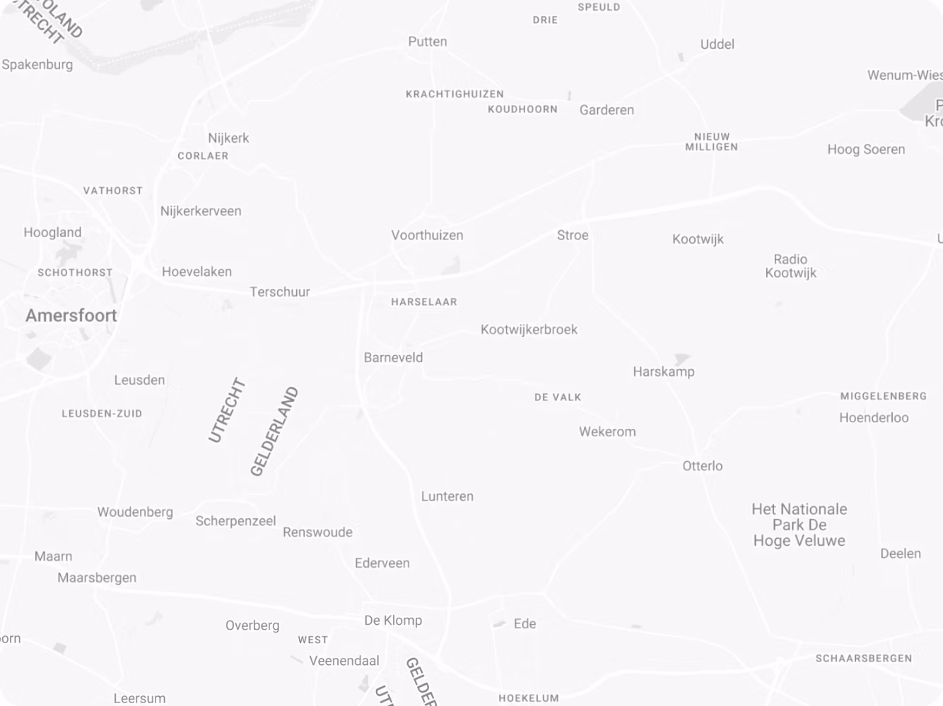 Een grijswaardenkaart waarop de dorpen en steden in de regio’s Utrecht en Gelderland in Nederland zijn weergegeven, waaronder Amersfoort, Barneveld en Ede, met aangegeven wegen en parkgebieden — ideaal voor het uitstippelen van routes voor Thomaboor- of Diamantboren-projecten.