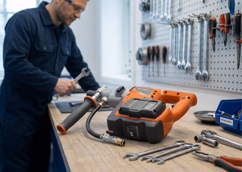 Een persoon in een blauwe overall werkt aan een houten werkbank met diverse gereedschappen, waaronder zaagbladen en diamantboren, naast een groot oranje elektrisch gereedschap, omringd door moersleutels en een perforatieplaat waaraan gereedschap hangt.