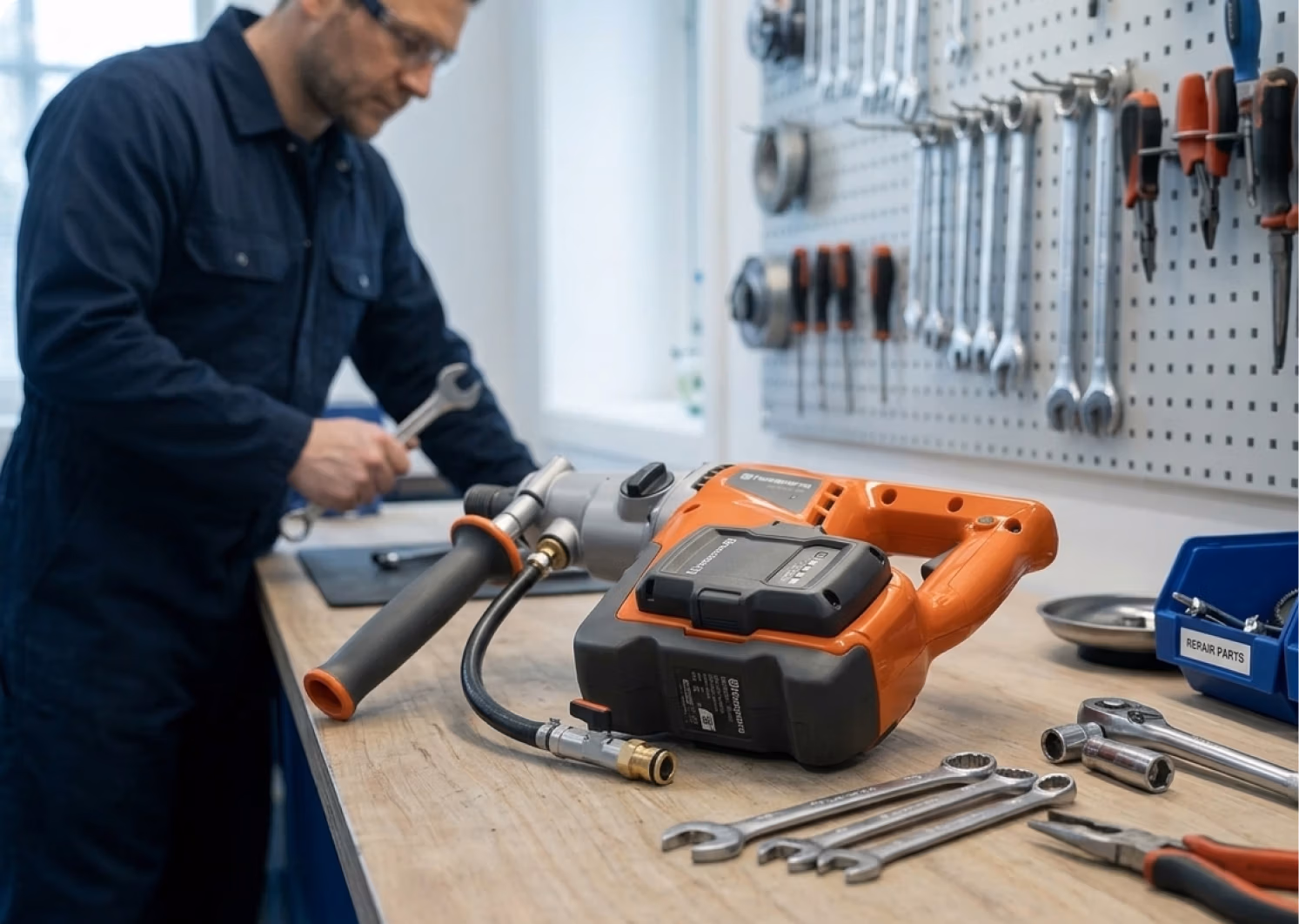 Een persoon in een blauwe overall werkt aan een houten werkbank met diverse gereedschappen, waaronder zaagbladen en diamantboren, naast een groot oranje elektrisch gereedschap, omringd door moersleutels en een perforatieplaat waaraan gereedschap hangt.