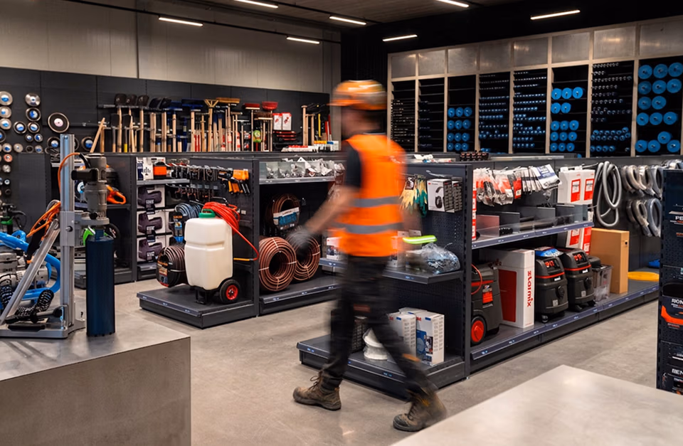 Een medewerker in een oranje veiligheidsvest en met een helm loopt door een gangpad van een bouwmarkt vol gereedschap, slangen en apparatuur. Op de schappen en wandrekken liggen diverse artikelen uitgestald – waaronder hoogwaardige zaagbladen en diamantboren – in een goed verlichte, overzichtelijke ruimte.