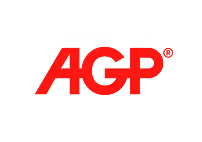 Rode, vetgedrukte letters ‘AGP’ met een geregistreerd handelsmerksymbool in de rechterbovenhoek, gecentreerd op een lichtgrijze achtergrond — ideaal voor het aanbrengen van het merk op producten zoals diamantboren en zaagbladen van Thomaboor.