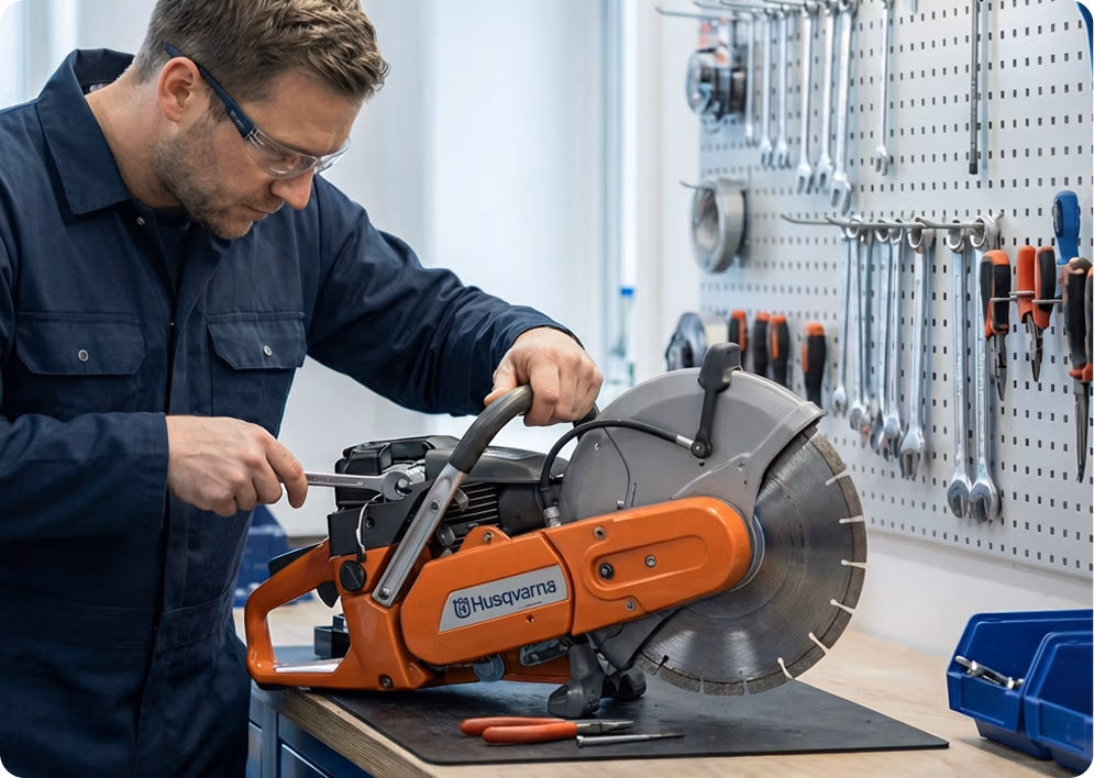 Een persoon met een veiligheidsbril en werkkleding inspecteert of repareert een oranje Husqvarna-motorzag aan een werkbank, terwijl op de achtergrond gereedschap zoals zaagbladen en diamantboren aan een perforatiepaneel hangt.