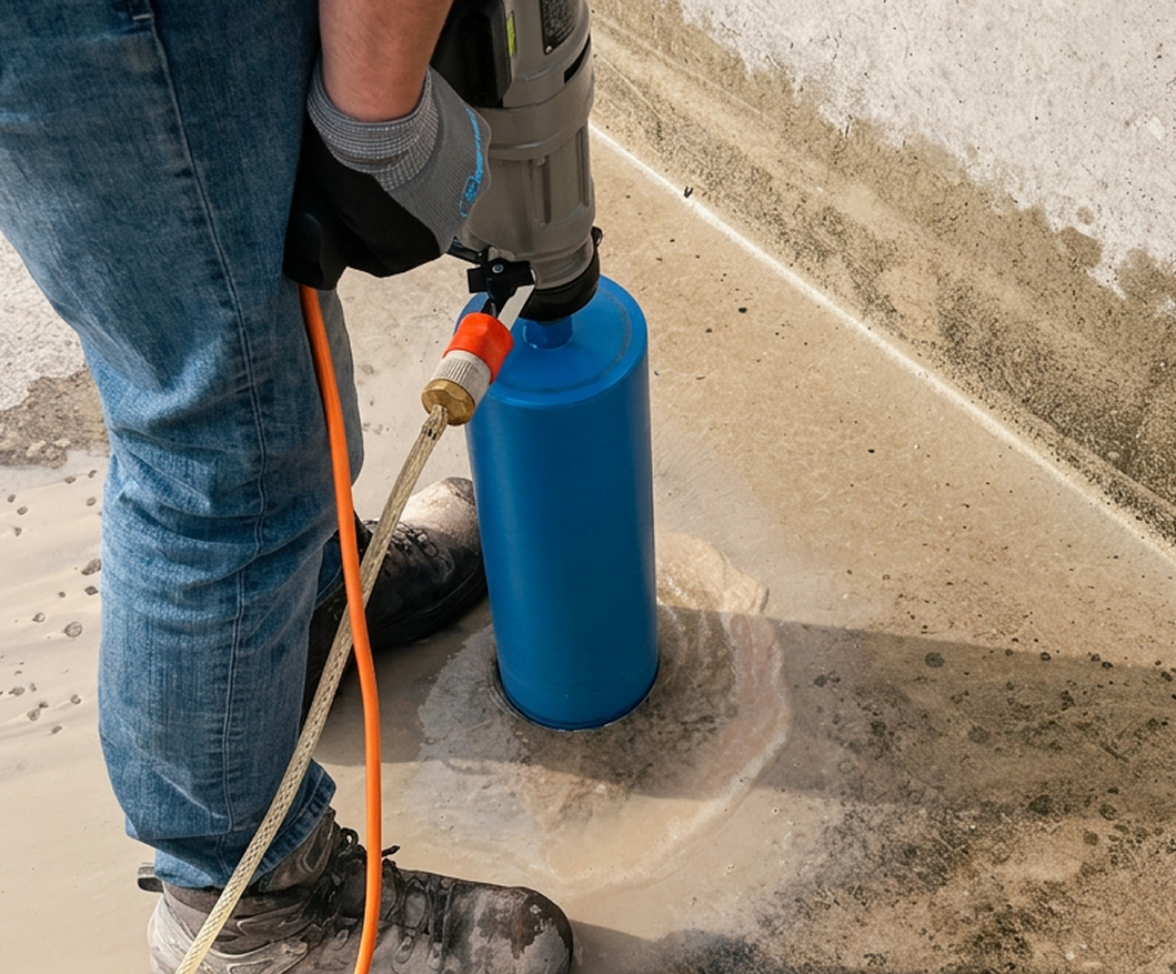 Iemand die met een blauwe kernboor, zoals een Thomaboor Diamantboren, door een betonnen vloer boort, waarbij water wordt gebruikt om stofvorming te beperken. De persoon draagt een spijkerbroek, handschoenen en stevige schoenen.
