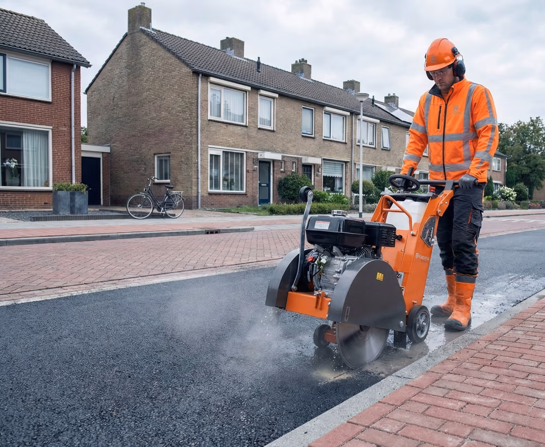 Een werknemer in oranje veiligheidsuitrusting bedient een wegzaagmachine die is uitgerust met hoogwaardige zaagbladen om asfalt in een woonstraat te zagen. Op de achtergrond zijn huizen en een geparkeerde fiets te zien.