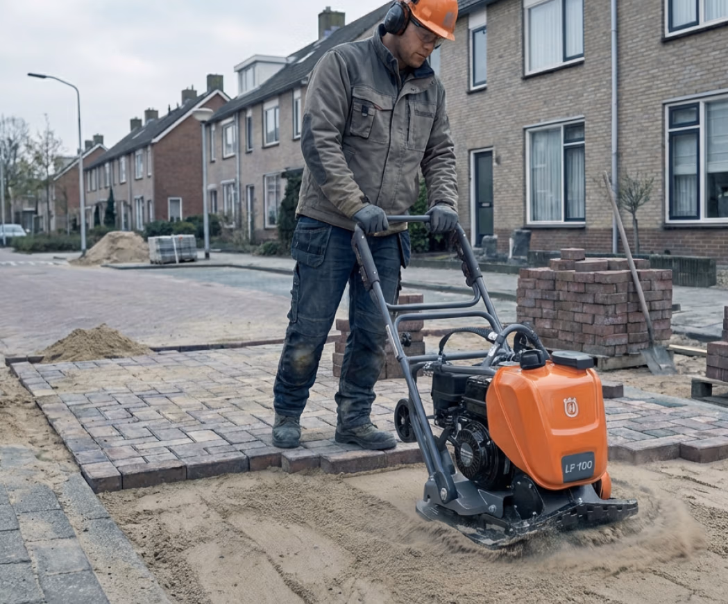 Een bouwvakker met een veiligheidshelm en gehoorbescherming gebruikt een oranje trilplaat om het zand glad te maken in een woonstraat waar straatstenen worden gelegd. Vlakbij liggen gereedschappen zoals zaagbladen en een Thomaboor klaar voor nauwkeurig zagen en boren tijdens het legproces.