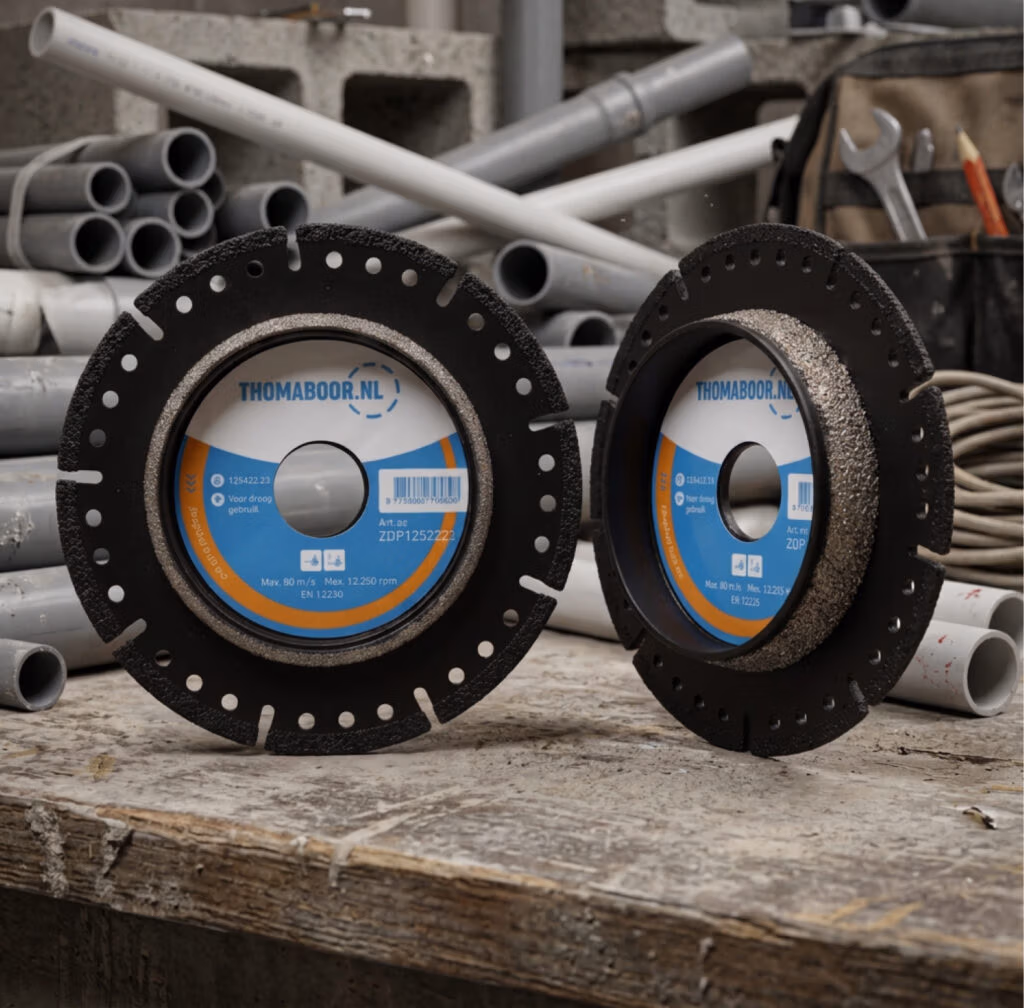 Twee zaagbladen van Thomaboor.nl met blauwe etiketten staan rechtop op een werkbank, omringd door grijze PVC-buizen, gereedschap en diamantboren in een drukke werkplaats.