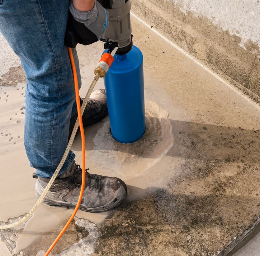 Een man in een spijkerbroek en werklaarzen bedient een blauw, cilindervormig Thomaboor-apparaat, dat via oranje en gele slangen is aangesloten, op een nat betonoppervlak.